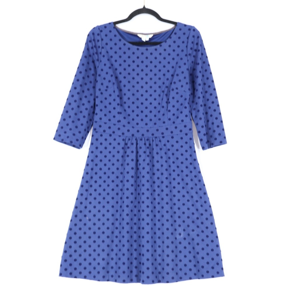 Boden Polka Dot Fit Flare Dress Womens 8 Blue 3/4 Sleeve Retro Twee Mod Classic